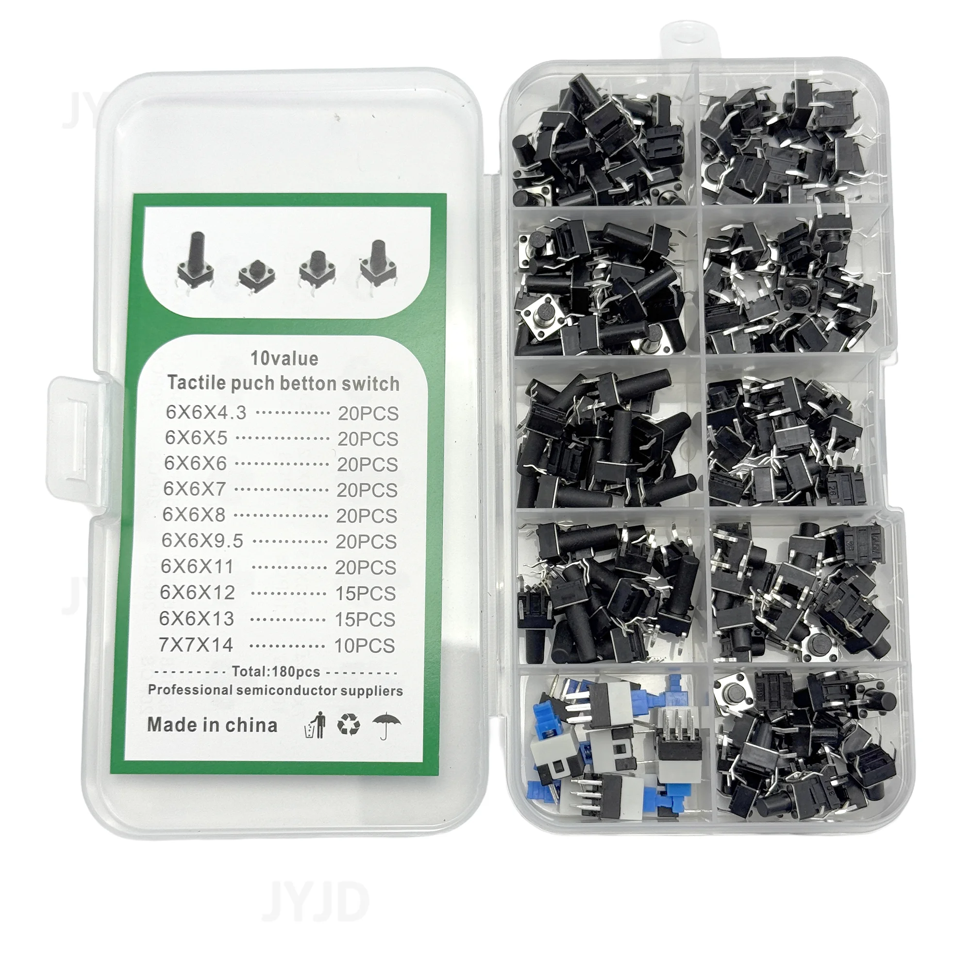 10 Types of 180pcs Button Switch Direct Insertion Light Touch Switch Button Switch Classification Box Kit