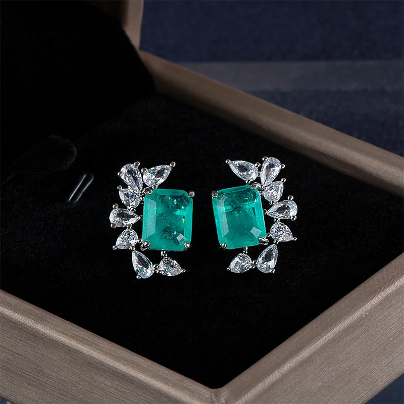 GICA GEMA 925 Sterling Silver Paraiba Tourmaline Gemstone Diamonds Earrings Ear Studs Fine Jewelry Gift Wholesale