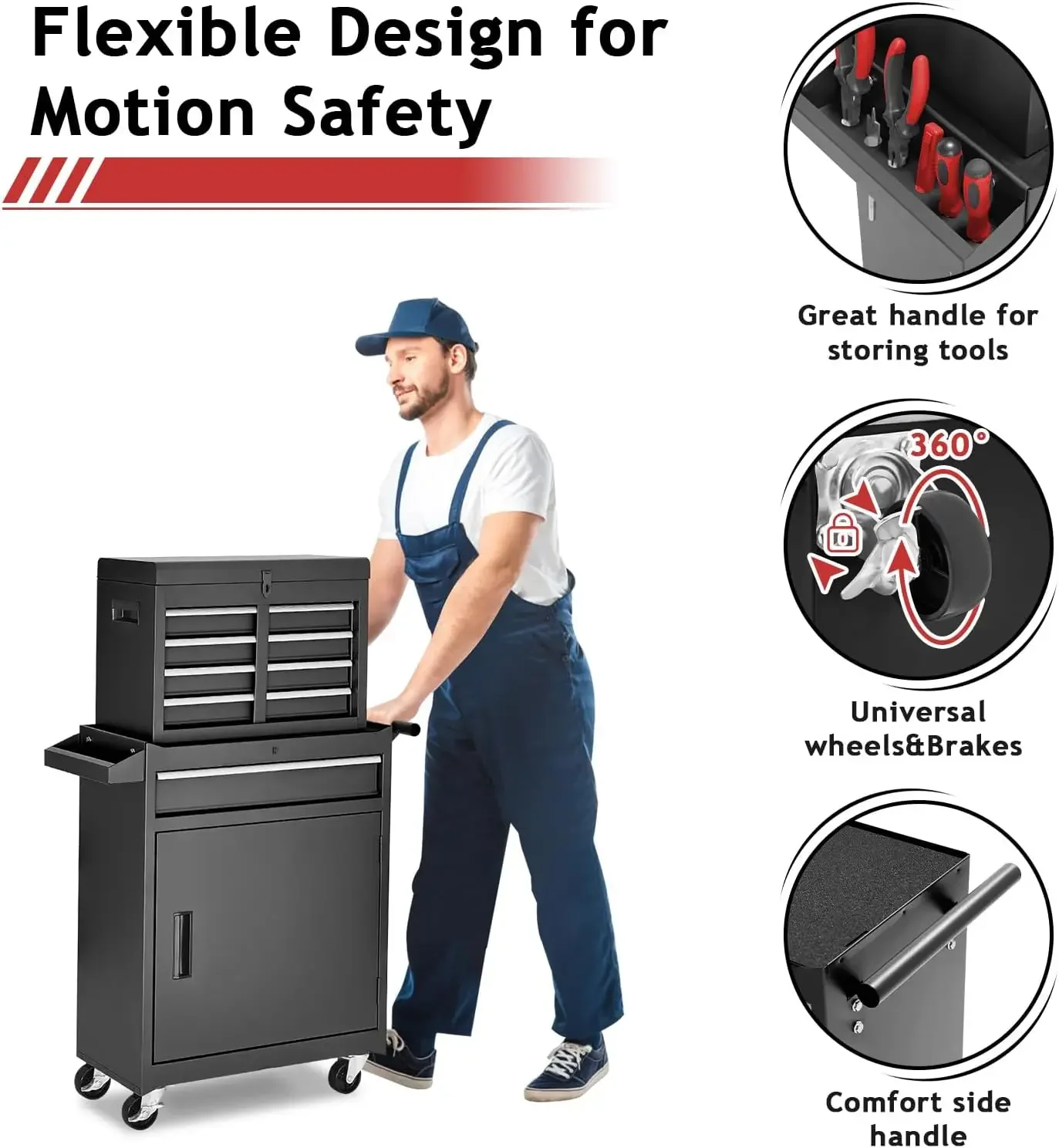 Chest,5-Drawer Rolling Tool Storage Cabinet with Enhanced Packaging, Detachable Top Box, Metal Cart for Garage