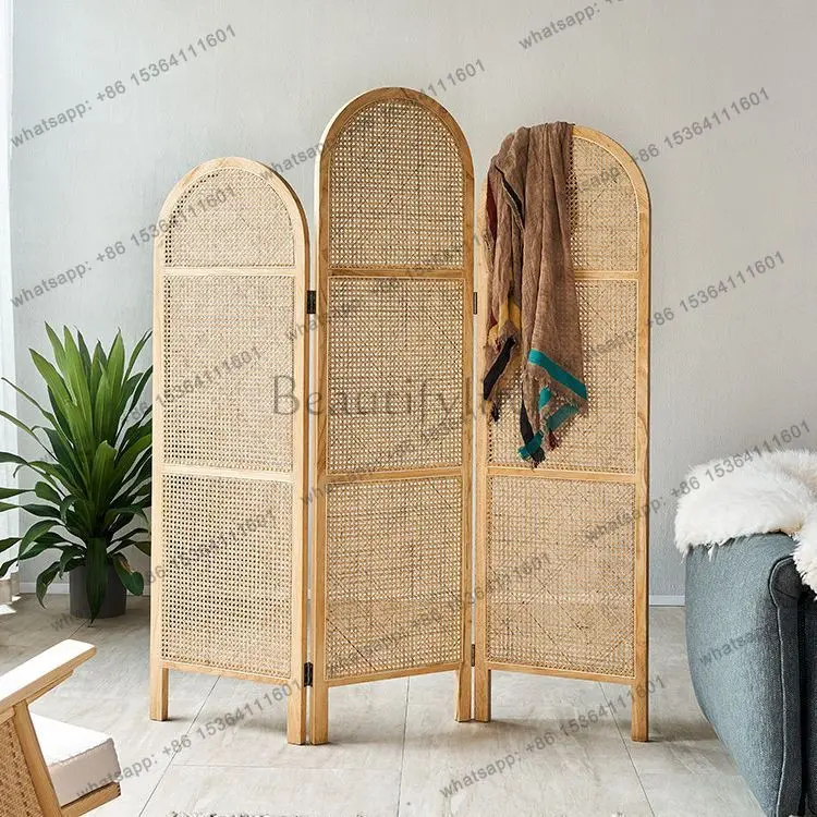 Japanese solid wood rattan screen creative partition wall movable folding folding screen