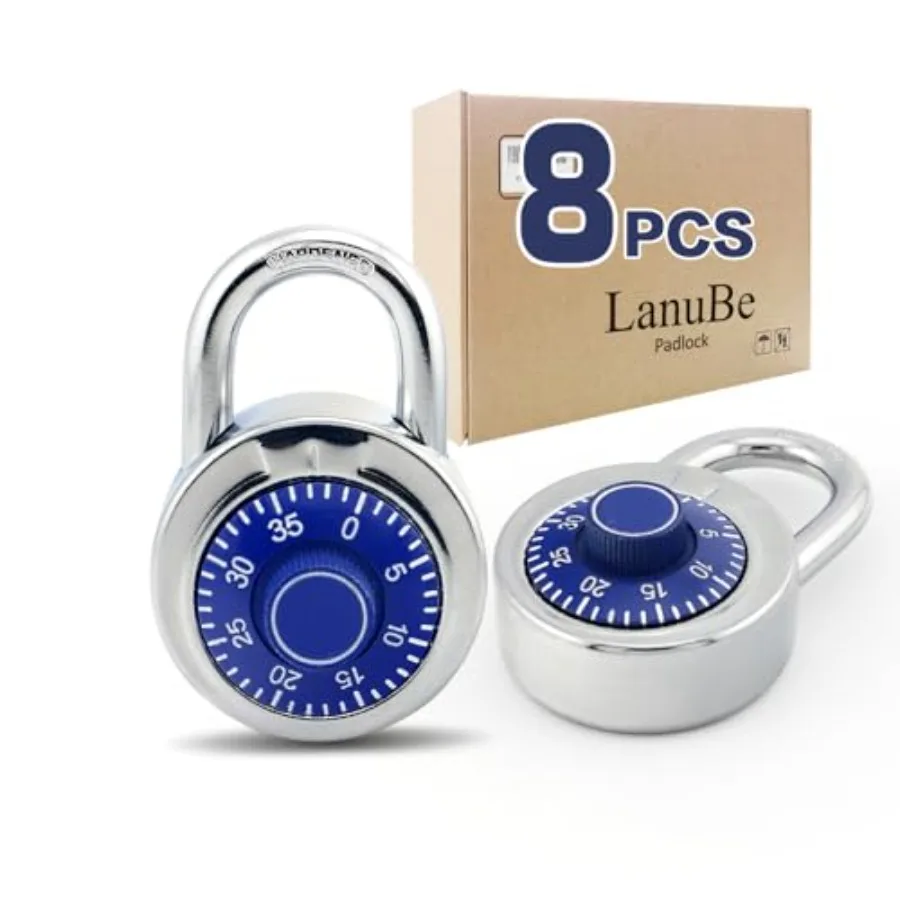 

Standard Dial Combination Lock, 2 in. Wide, with Different Combinations, Blue Turnplate, Pack of 8; Lock for School, Employee,
