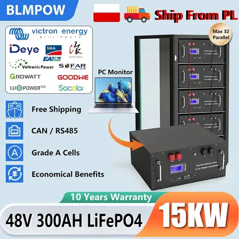 LiFePO4 48V 300AH 15KWH Battery 51.2V 100AH 200AH Lithium Solar Battery 6000+ Cycles With 16S 200A BMS For Inverter  EU Stock
