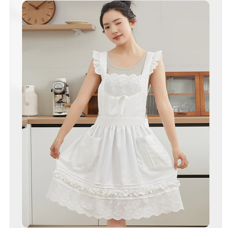 White Lace Woman Apron Dress Restaurant Coffee Shop Salon Service Work Bib Fashion Lolita Household Kitchen Cleaning Pinafore