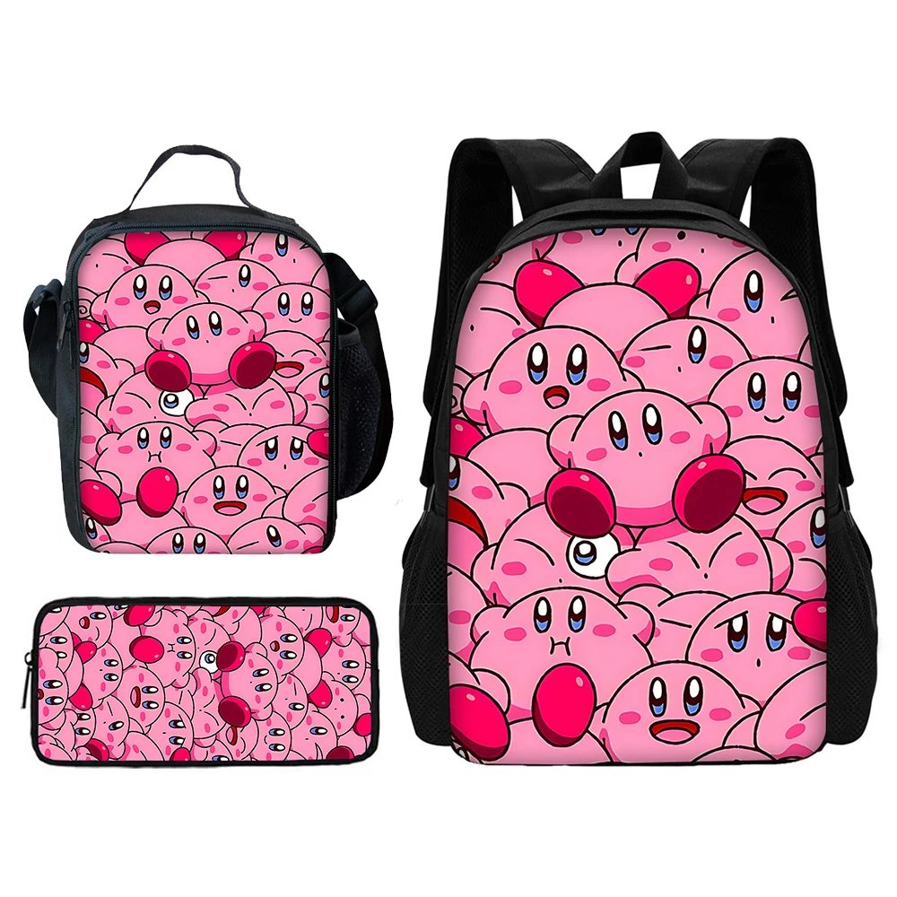   Mochila unissex Game Pink K-kirbys com lancheiras, bolsas de lápis infantis, bolsas escolares para meninos e meninas, melhor presente