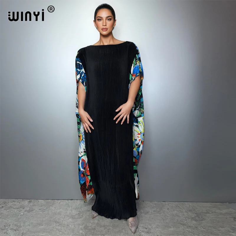WINYI Pleated Elastic loose dress holiday beach cover up maxi kaftan abaya dubai luxury party dresses Big skirt evening dress