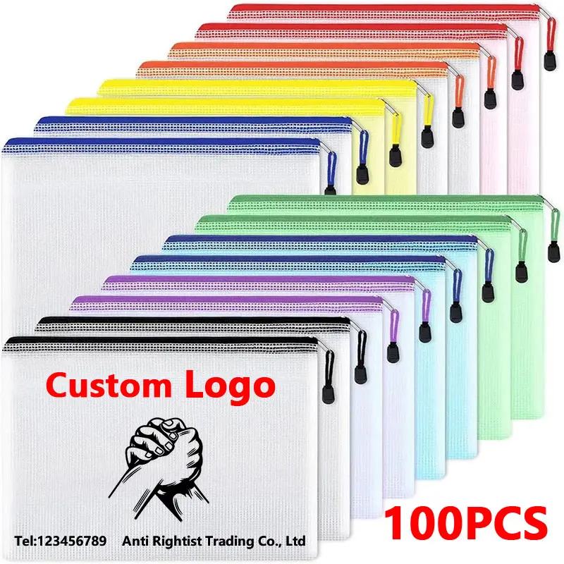 100pcs Mesh Document Bag Custom Logo Mesh Zipper Pouch File Bags Waterproof Zip File Folders School Office Supplies Pencil Bags