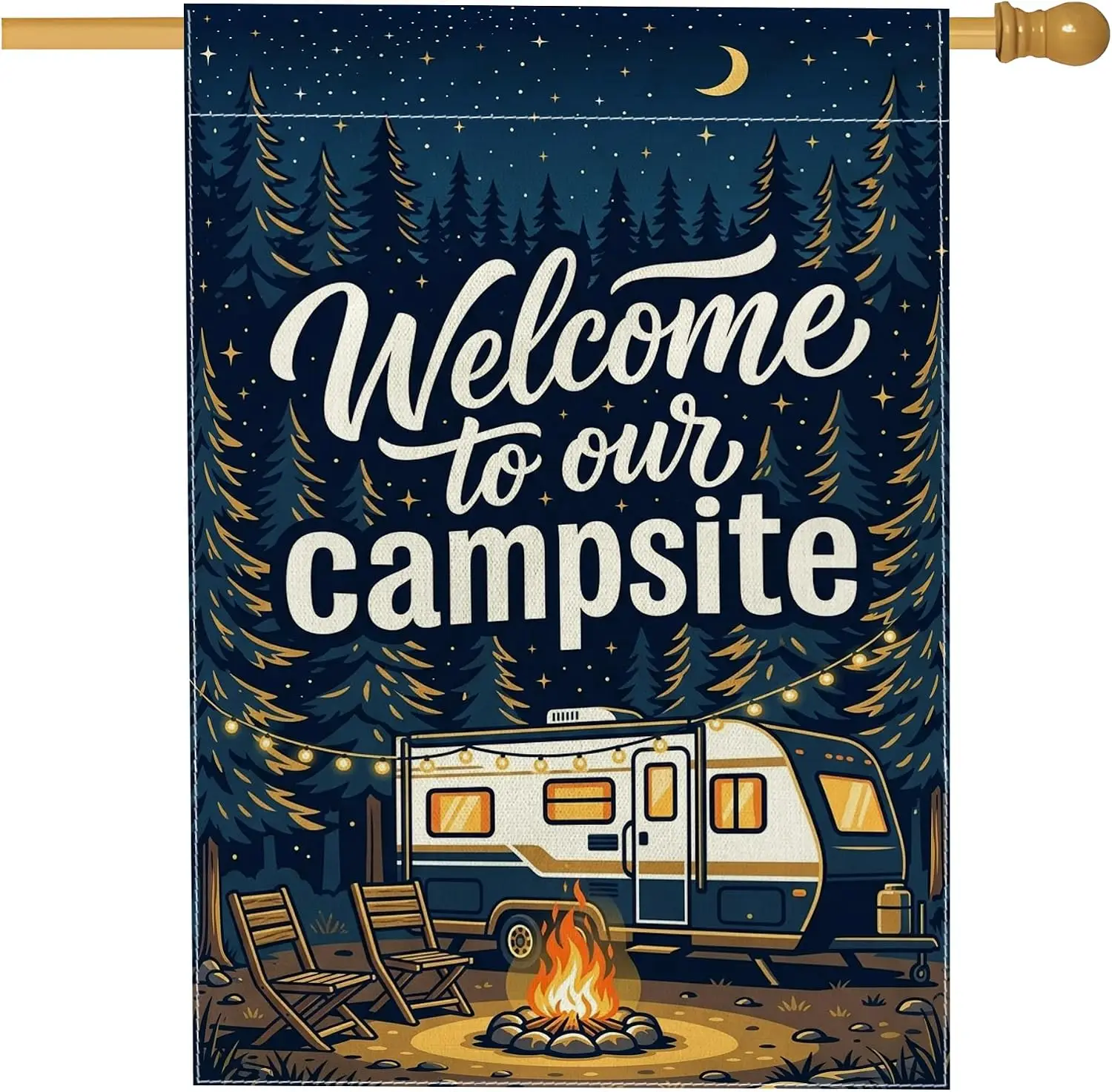 Campsite House Flag, Outdoor Rustic Tree Fire Summer Navy Double Sided Burlap Outside Large Garden Flag for Outdoor Patio Ya yyi