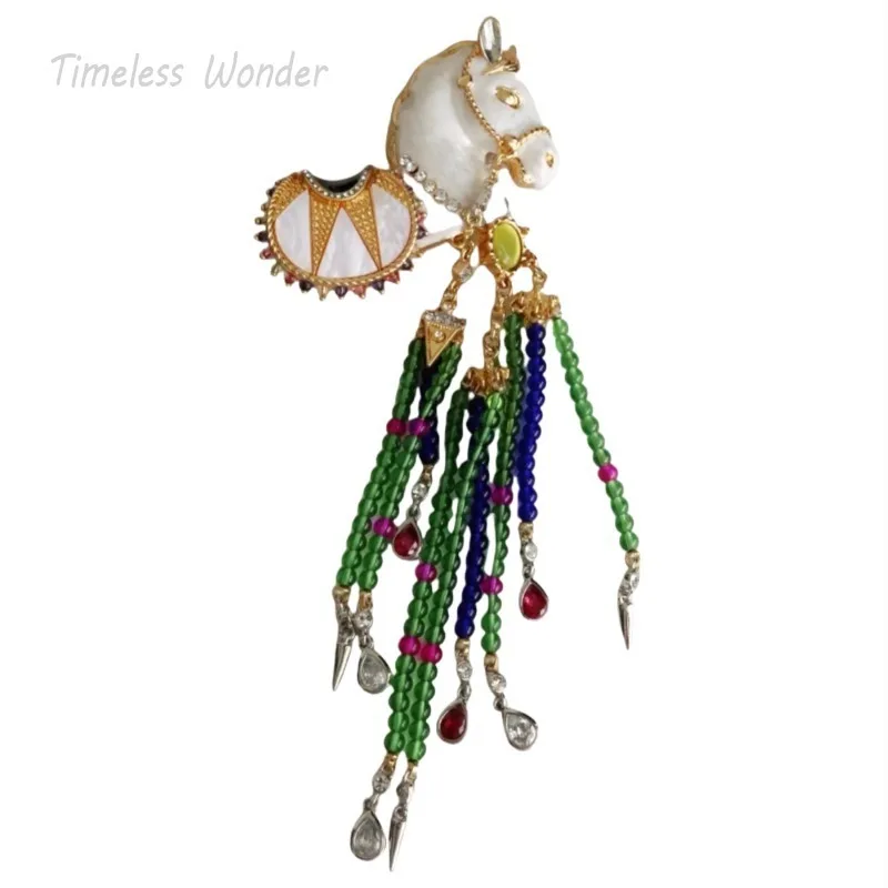 

Timeless Wonder Enamel Horse Zircon Beaded Tassel Brooch Pins for Women Designer Jewelry Runway Top Punk Luxury Brand Rare 7526