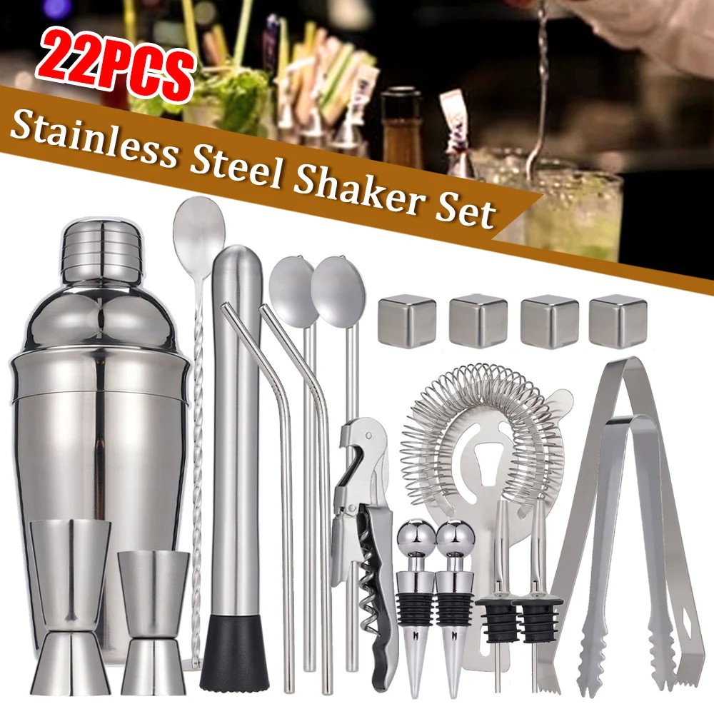 22Pcs/Set Stainless Steel Cocktail Shaker Mixer Set Drink Wine Strainer Bottle Opener Mixer Spoon Measure Cup Party Bar Tool