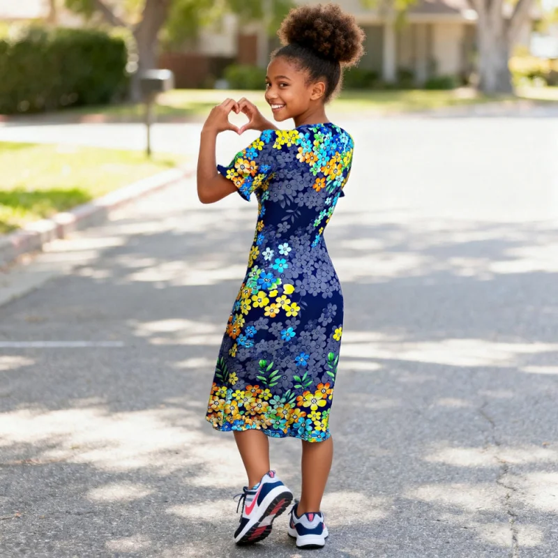 2025 New - Floral Print Short Sleeve Medium Length Dress - Fashion Navy Blue Flower Kids Casual Dress for Parties&Everyday Wear