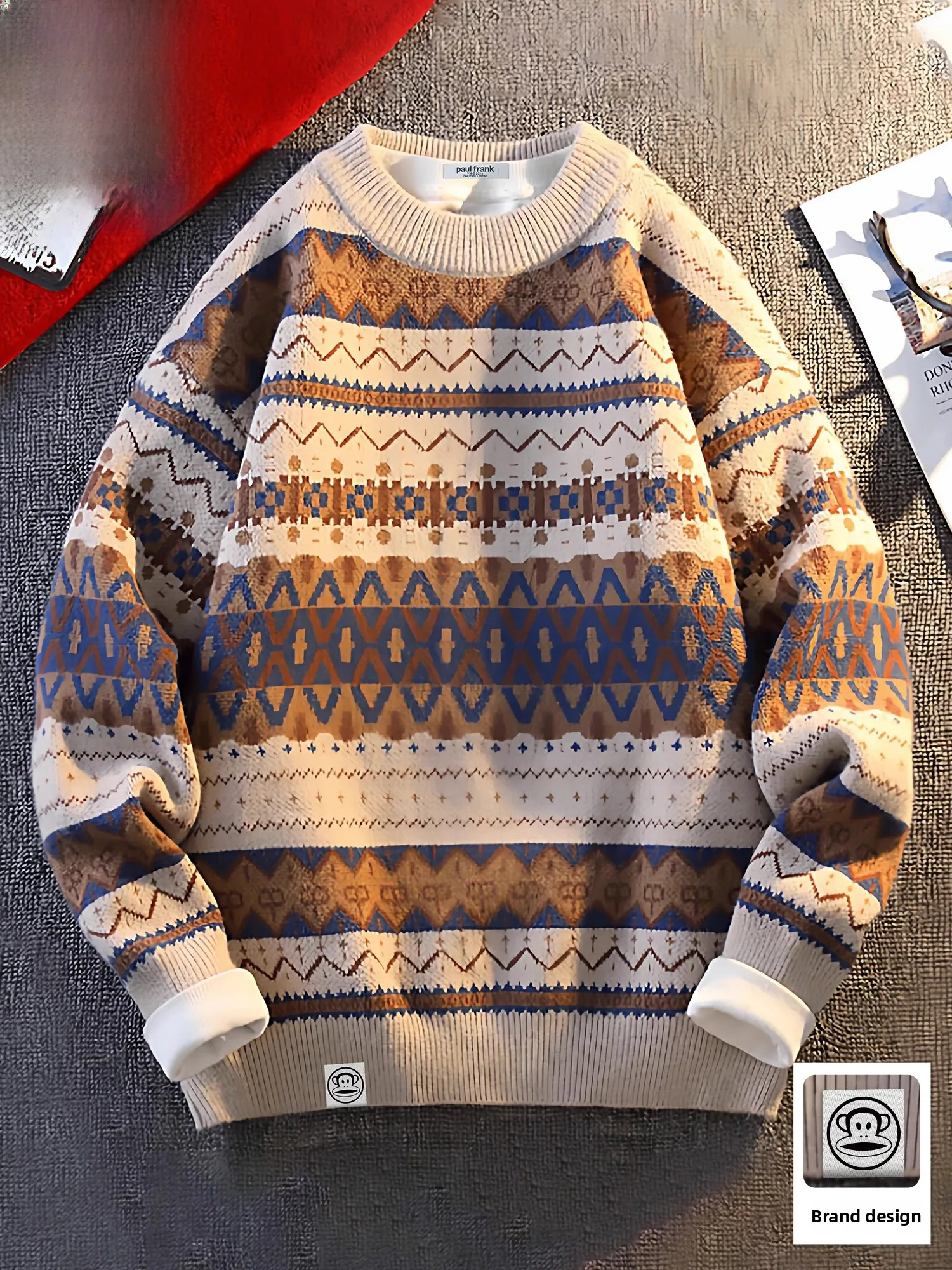 

PaulFrank Retro Island Men's Sweater Winter Casual Color Blo Warm Loose Top Large Mouth Monkey Design Polyester Blend Knitwear