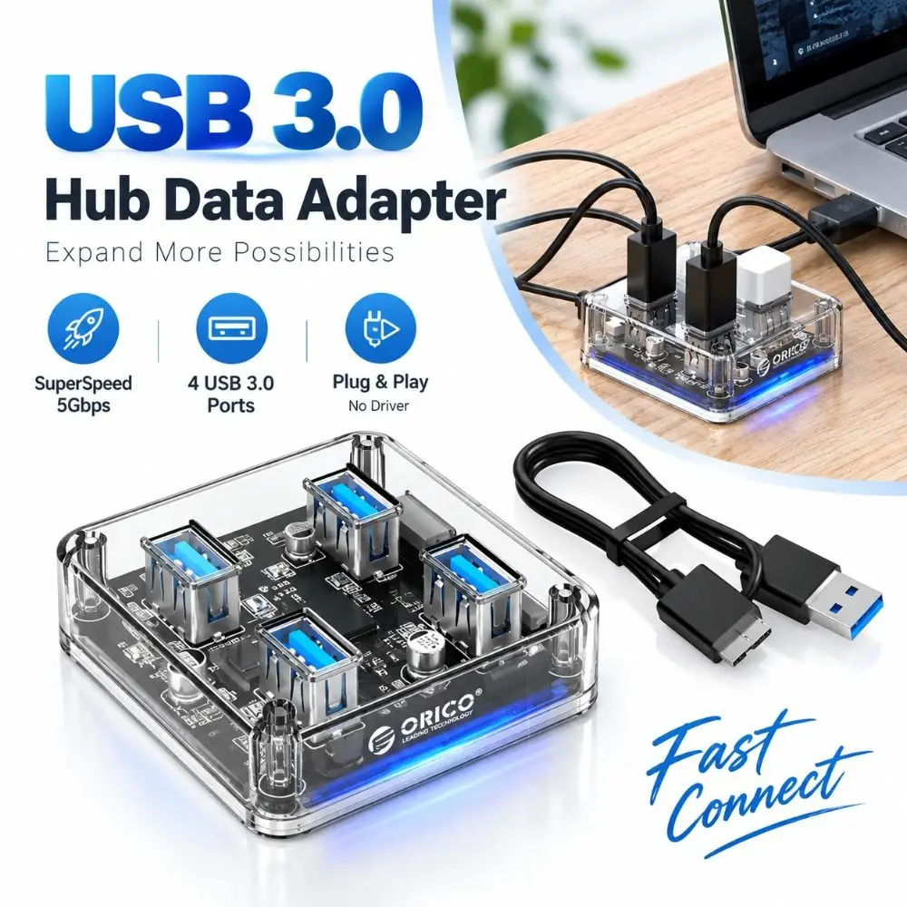Transparent Housing USB 3.0 Hub Data Adapter High Speed Data Transfer Plug And Play USB Splitter Wired USB Cable 4-Port 5Gbps