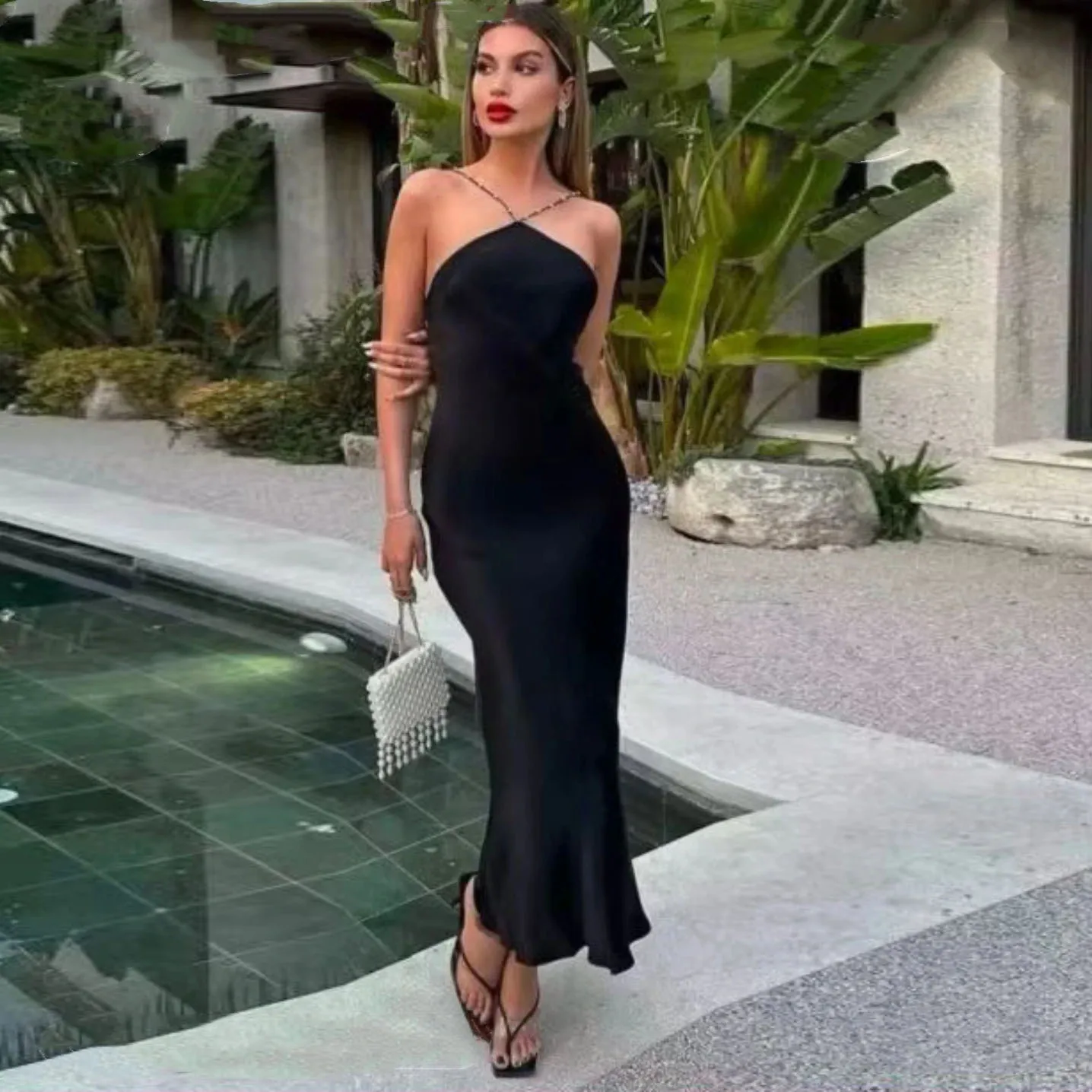 

Santorini Black Ankle Length Prom Dresses Beaded Neckline Robe Des Cocktail Dress Sexy Back Night Club Party Gowns Customized
