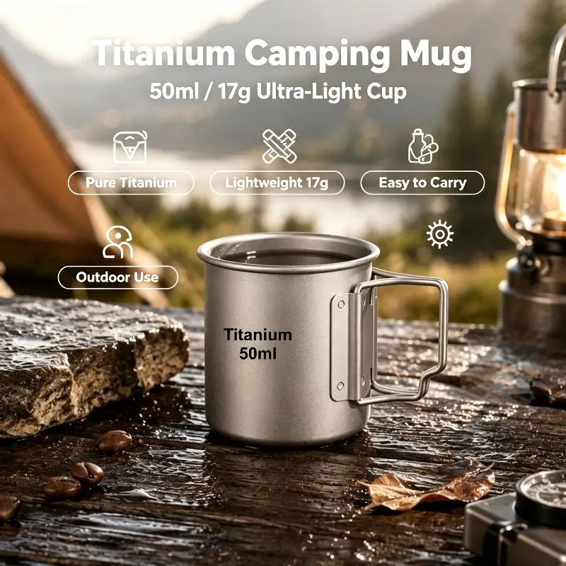 1Pcs Foldable Handle Camping Water Mug Pure Titanium/Stainless Steel Mini Outdoor Portable Tea Coffee Cup Travel Tableware