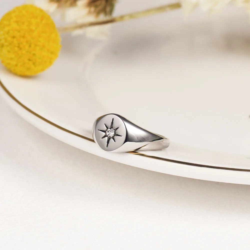 Valily North Star Stainless Steel Simple Signet Band Ring for Women Everyday Jewelry
