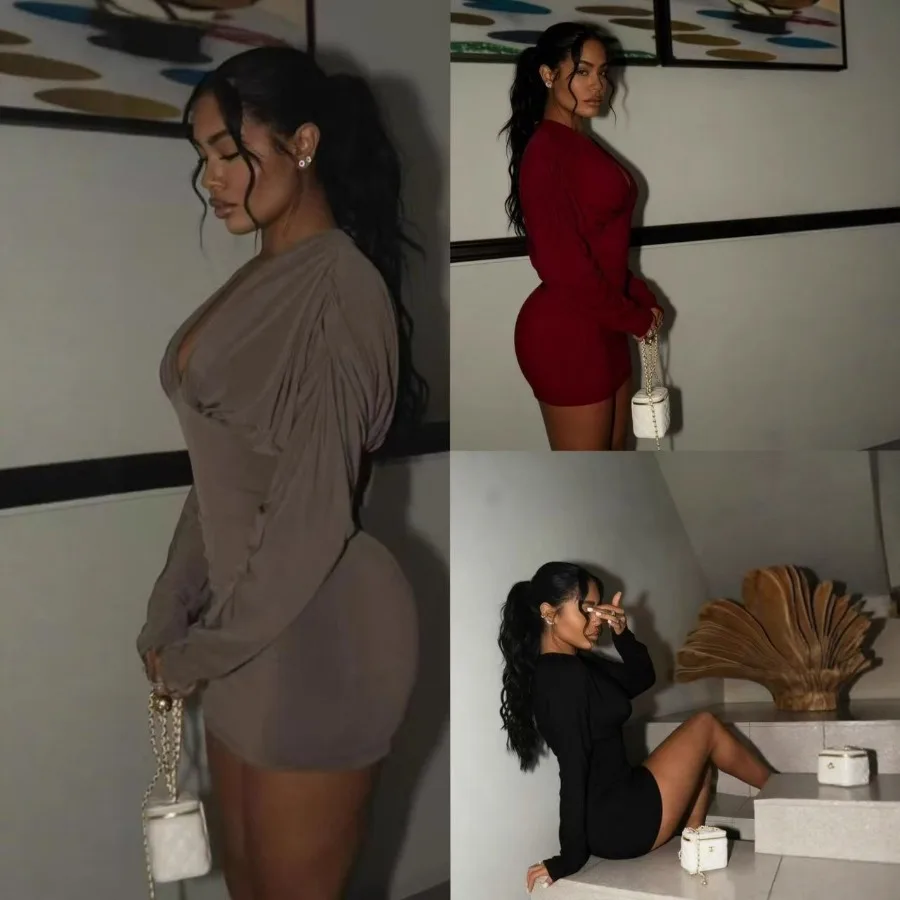 

【New style】Style autumn women's clothes pure color round neck long sleeves pleated casual sexy all-matching waist and hip dress