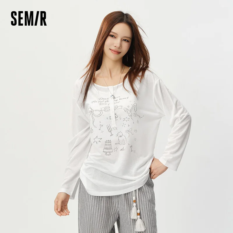 Semir Women Tshirt Print Oversized Mid Long Sleeve Top 2026 Summer Loose Casual image 2