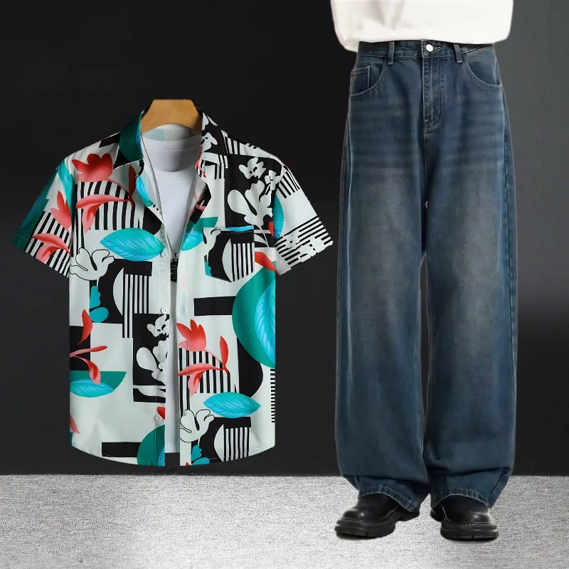 طقم قمصان جينز صيفي بأكمام قصيرة للرجال مكون من قطعتين ملابس كاجوال رفيعة ومريحة