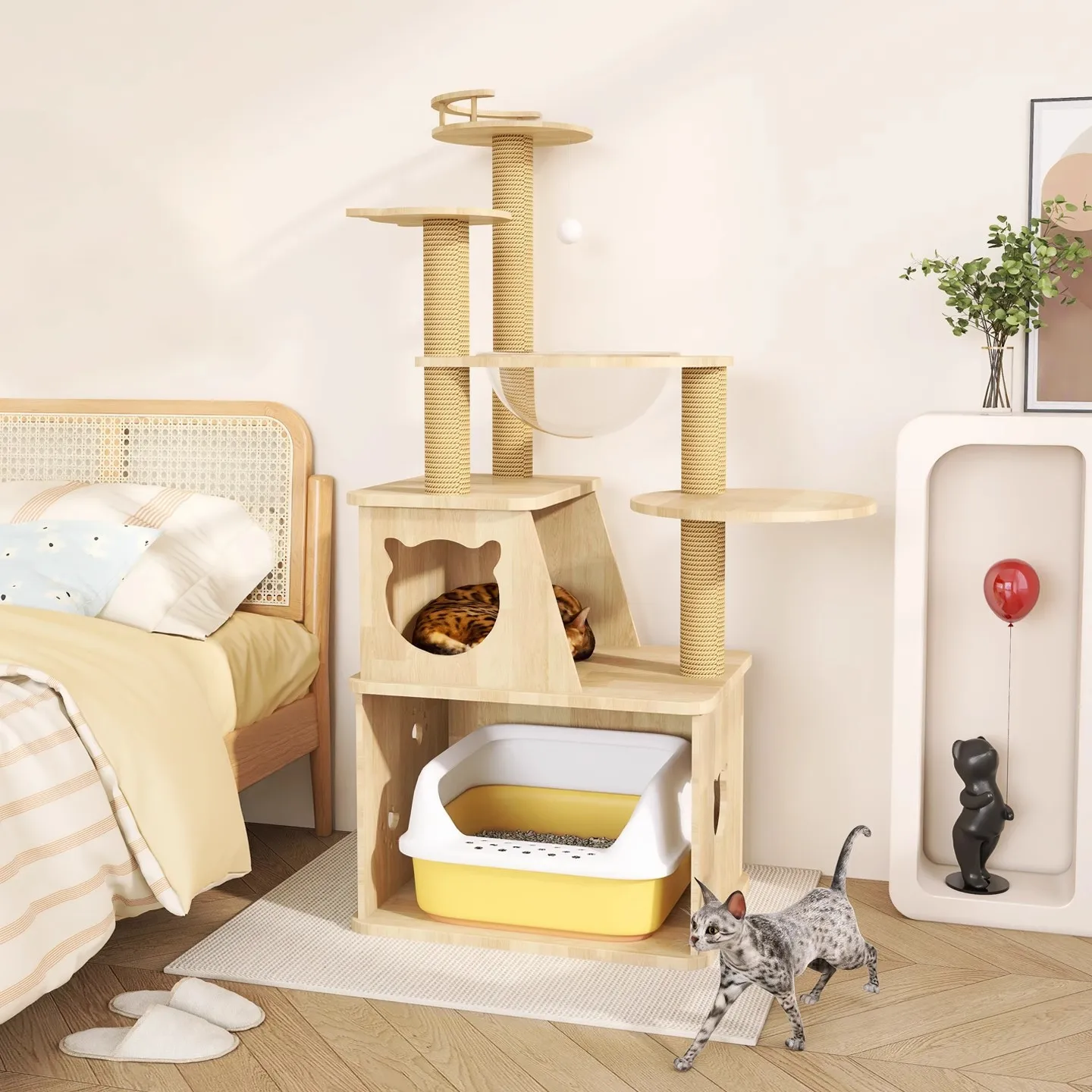 

Wooden Cat Tree Cat Furniture with Scratching Posts Modern Cat Tower with hammocks