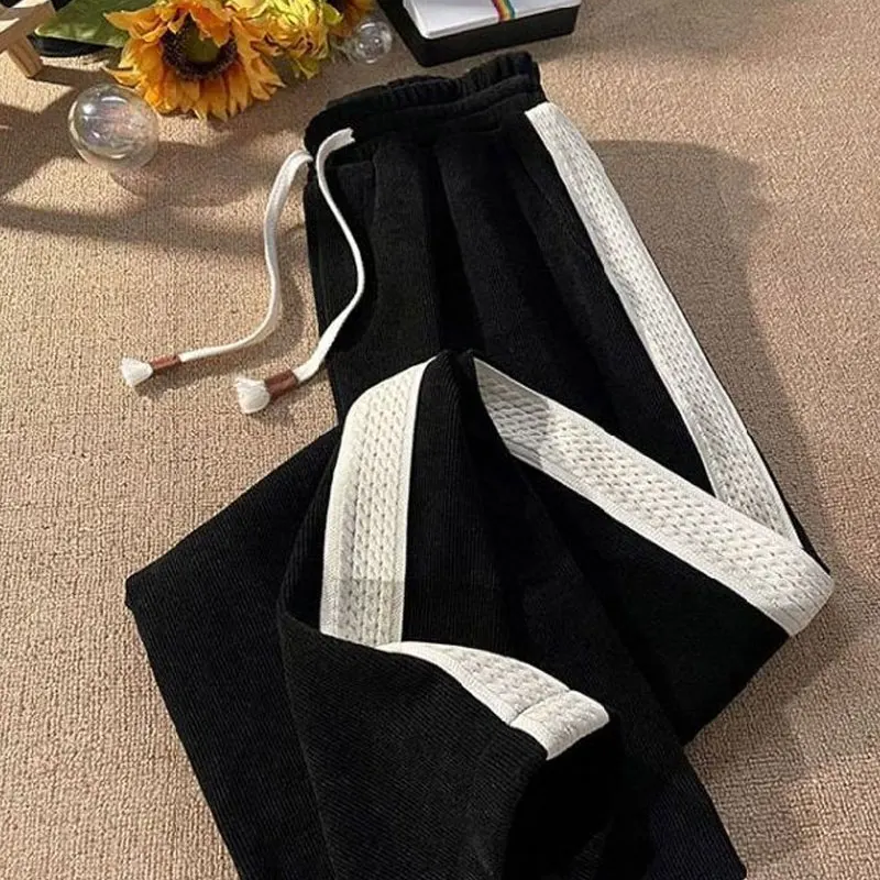 Straight Wide Leg Pants Elastic Waist Solid Color Patchwork Fashion Loose Lacing Drawstring Winter Thin Women's Clothing 2023