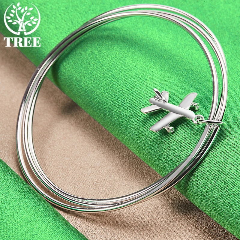 ALITREE 925 Sterling Silver Three Circle Aircraft Pendant Bangle For Women Mens Birthday Gift Wedding Party Charm Jewelry