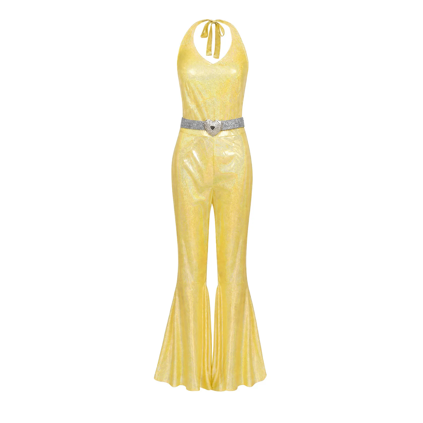 Funkelnder Metallic-Discobodysuit für Damen, ärmellos, mit V-Ausschnitt, rückenfrei, Schlaghose, 70er-Jahre-Nachtclub-Bühnen-Cosplay-Outfit – Detail 14
