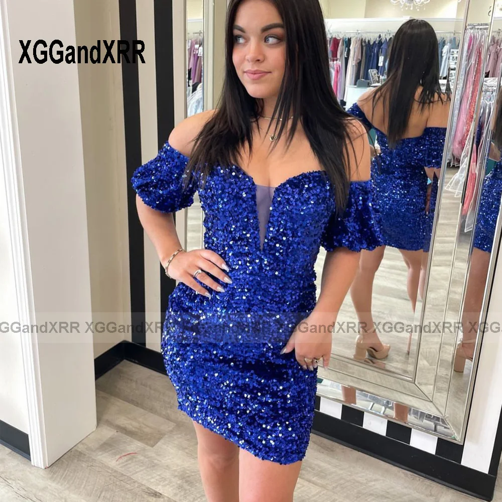 Shining Royal Blue Sequins Prom Dress 2023 Sexy Sweetheart Short Sleeves Formal Mini Evening Dress Women Backless Party Gown