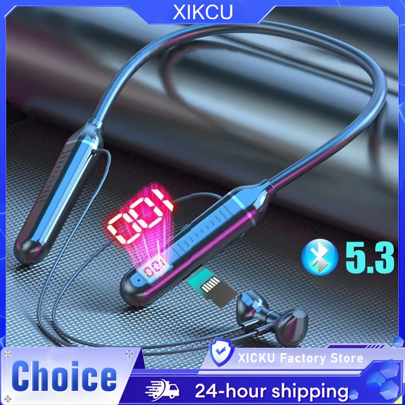 

Bluetooth 5.3 Neckband Headphones TF Card LED Display Wireless Earphones Gaming Stereo Sport Headset Waterproof Earbuds With Mic