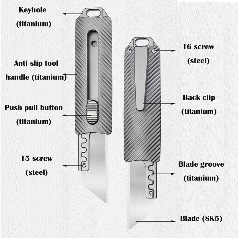 Couteau utilitaire en alliage de titane, lame SK5, outil de survie en plein air EDC, coupe tranchante, couteau push-pull, couteau de résubdivision, boîte express