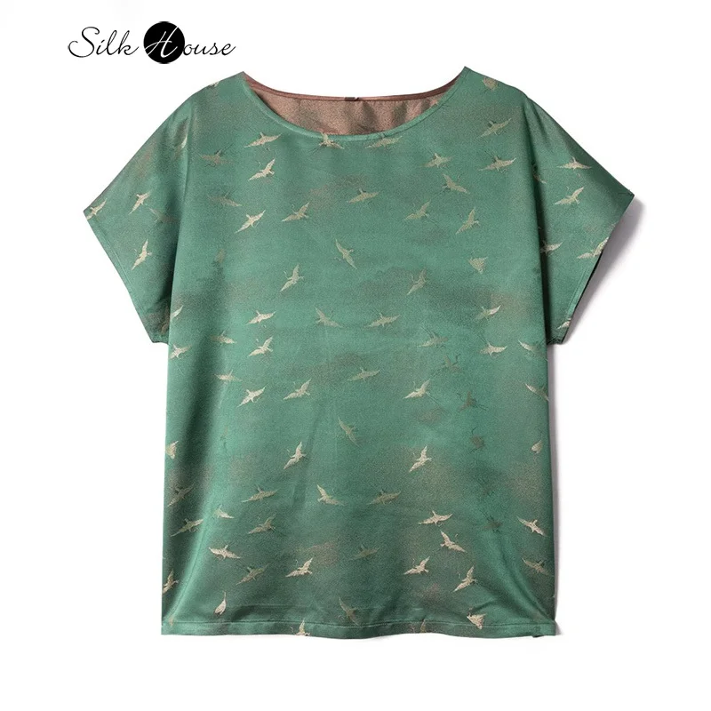 2024 Women\'s Summer New 100% Natural Mulberry Silk Song Brocade New Chinese Green Crane Printed Temperament T-shirt