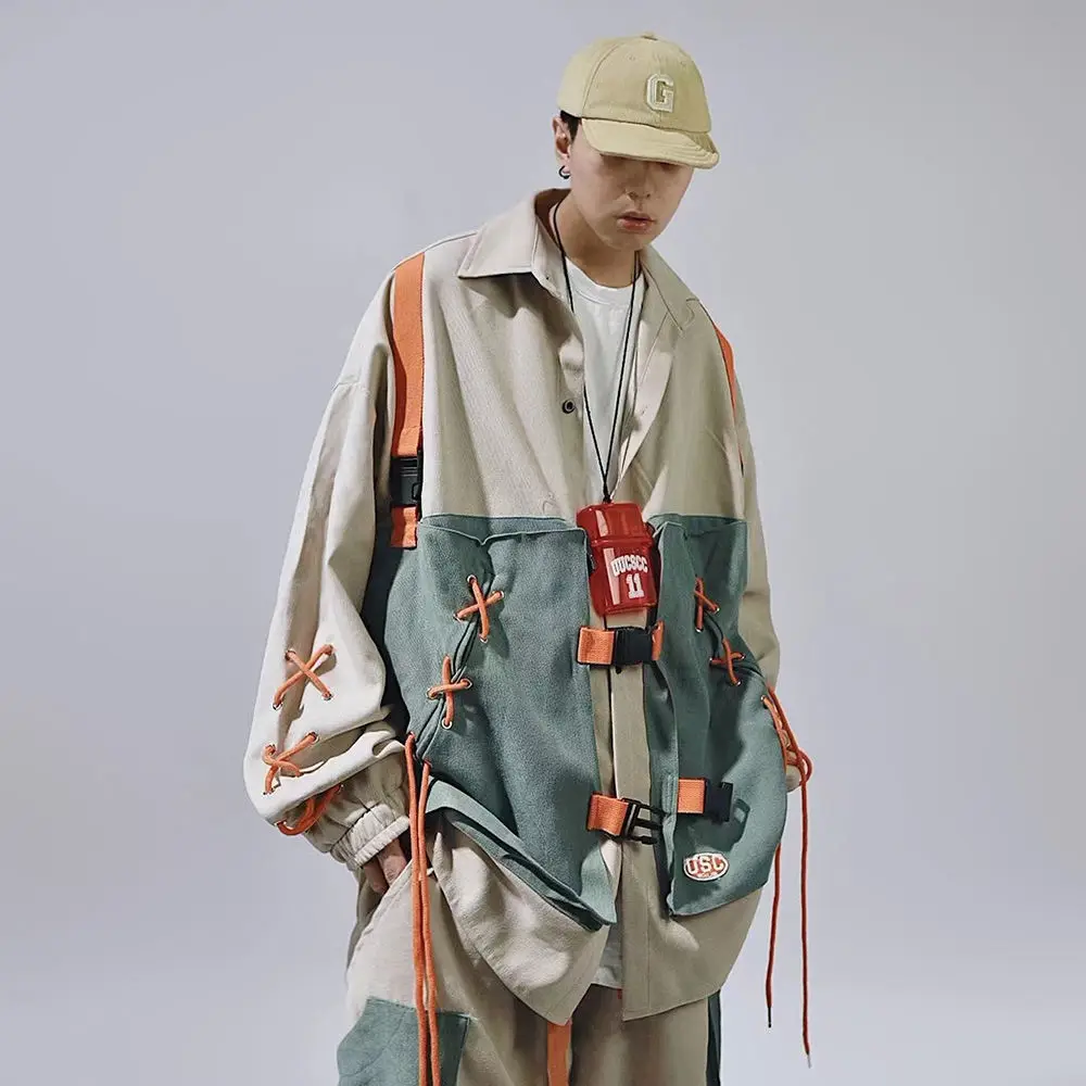 Hip Hop Oversize Cargo Shirts Men Long Sleeve Button Up Shirt Coat Harajuku Patchwork Vintage Streetwear Safari Style