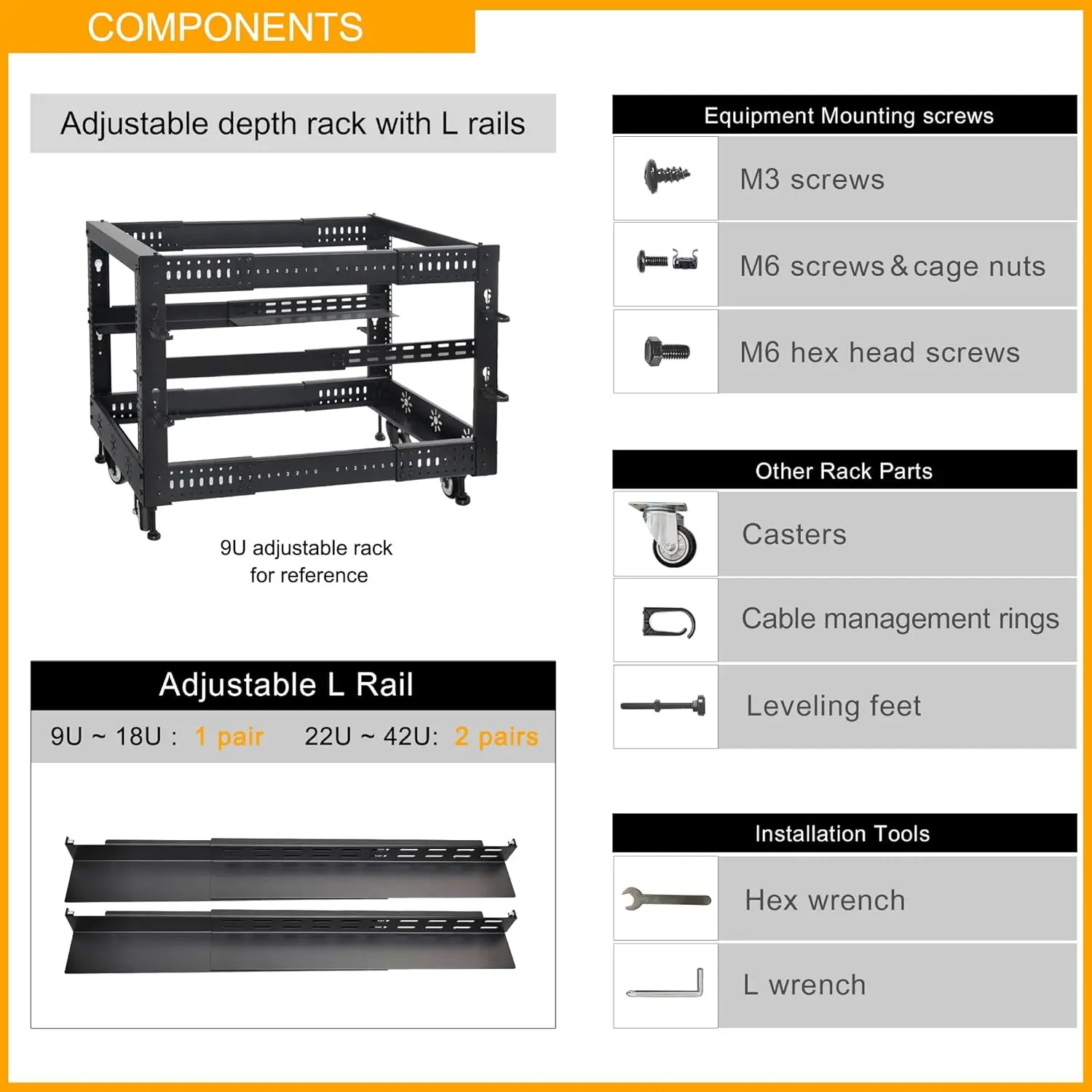 Rack serwerowy RIVECO 42U 19” z regulacją głębokości, nośność do 770 kg, stojący na podłodze, 4-słupkowy rack z szynami L i kółkami nośnymi.