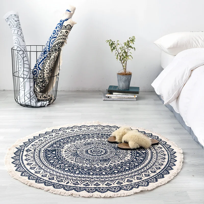 

Hand Woven Cotton Linen Carpet Retro Bohemian Round Bedside Geometric Floor Mat Living Room Home Decor Boho Mandala Tassel Rug