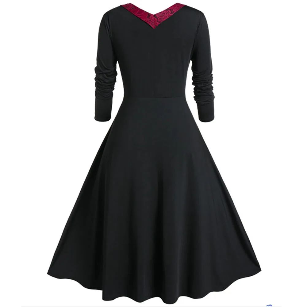 

Women's Vintage Gothic Slim Fit V Neck Dress with Long Sleeves and Large Swing Skirt for Night Parties and Clubs