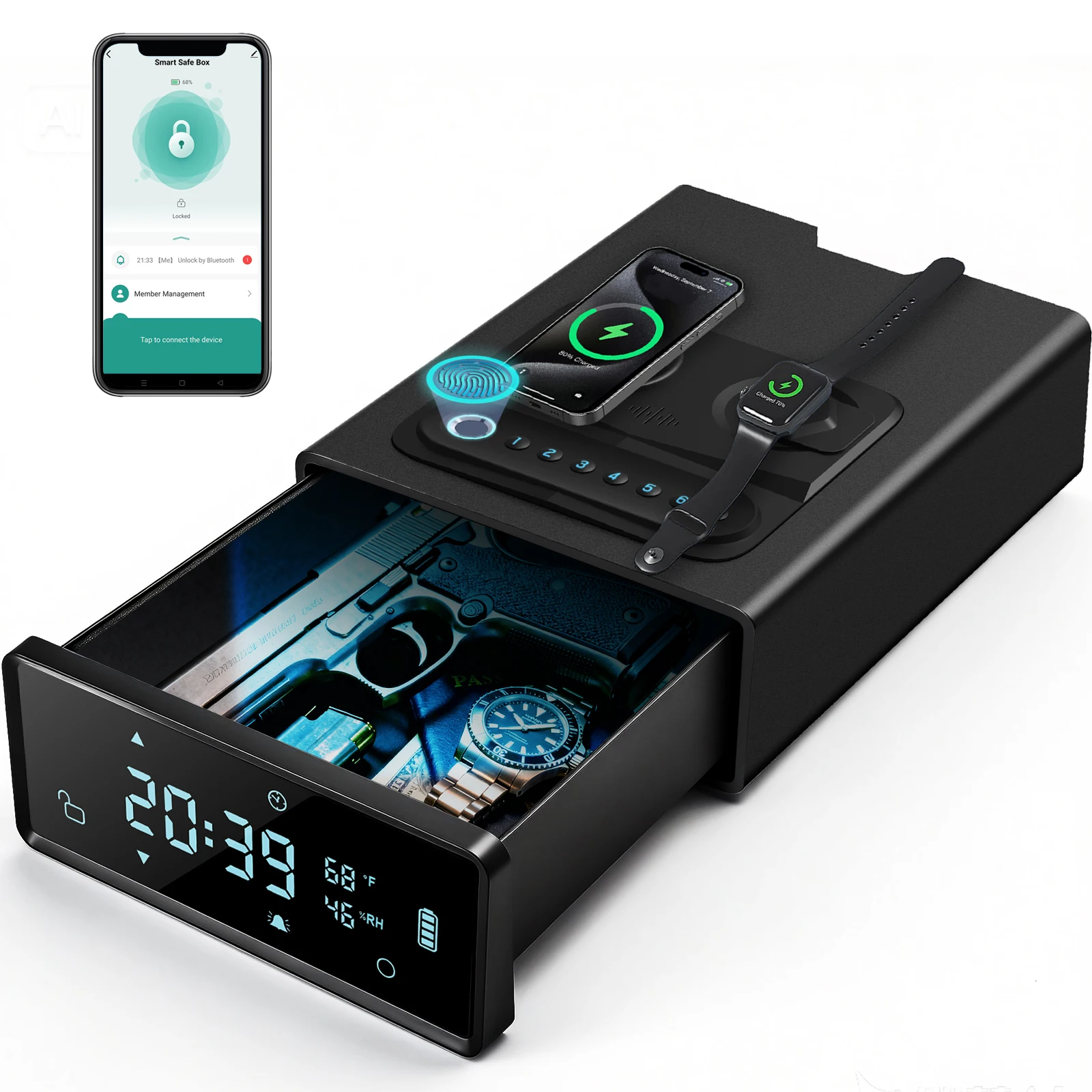 Smart Digital Safe Box｜4‑Mode Unlock, Phone & Watch Wireless Charging, LED Clock Temp‑Humidity Display for Home Office