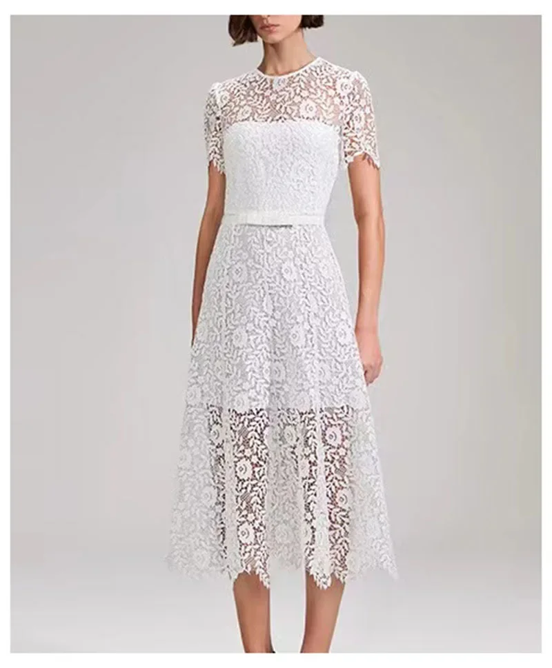 

Women's White Lace Hollow Dress Round Neck Short Sleeve Slim Fit Evening Birthday Party Elegant Maxi Dress Female