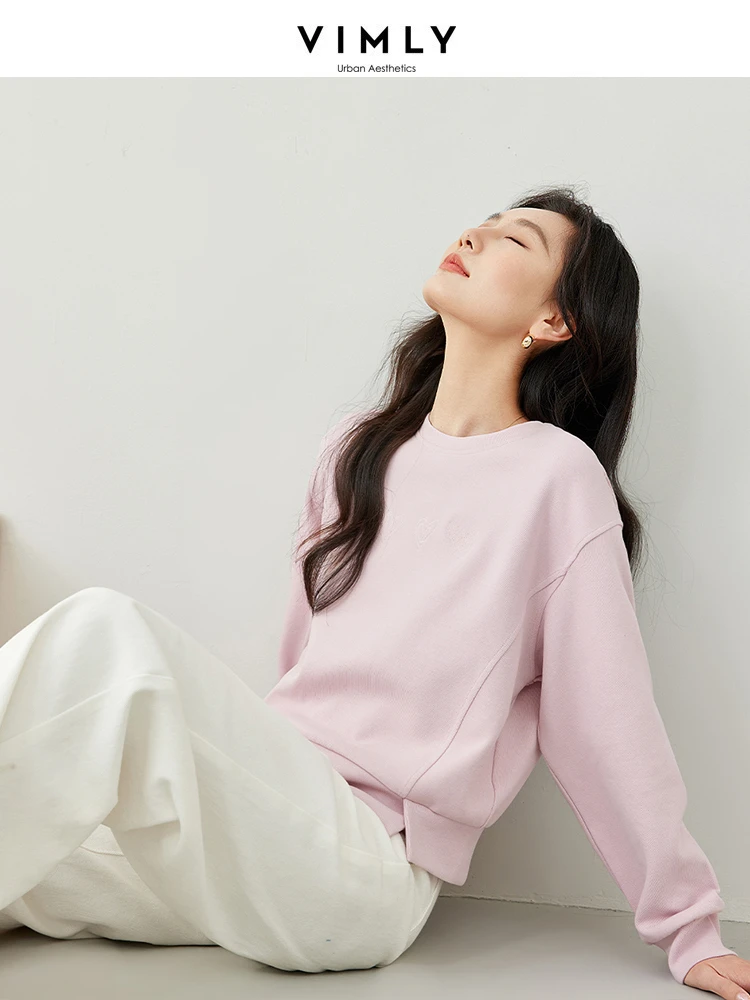 Vimly Lazy Style O-neck Pink Short Women\'s Sweatshirt 2024 Spring Straight Loose Solid Pullovers Long Sleeve Top for Woman M6550