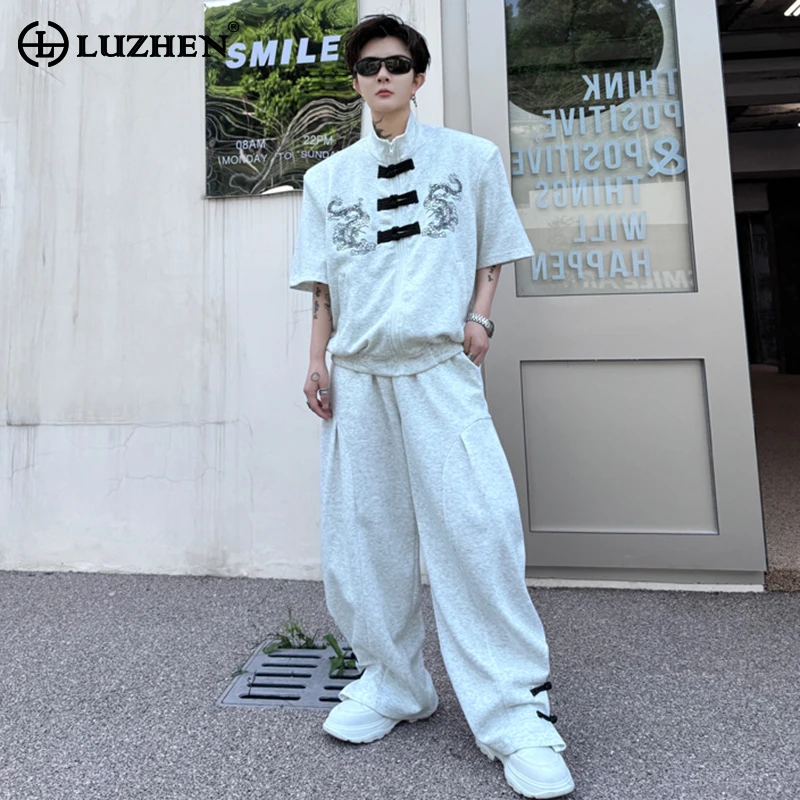 

LUZHEN Trendy Embroidery Splicing Design Short Sleeved Jackets Two-piece Sets Original Stylish Street Men Straight Pants LZ3416