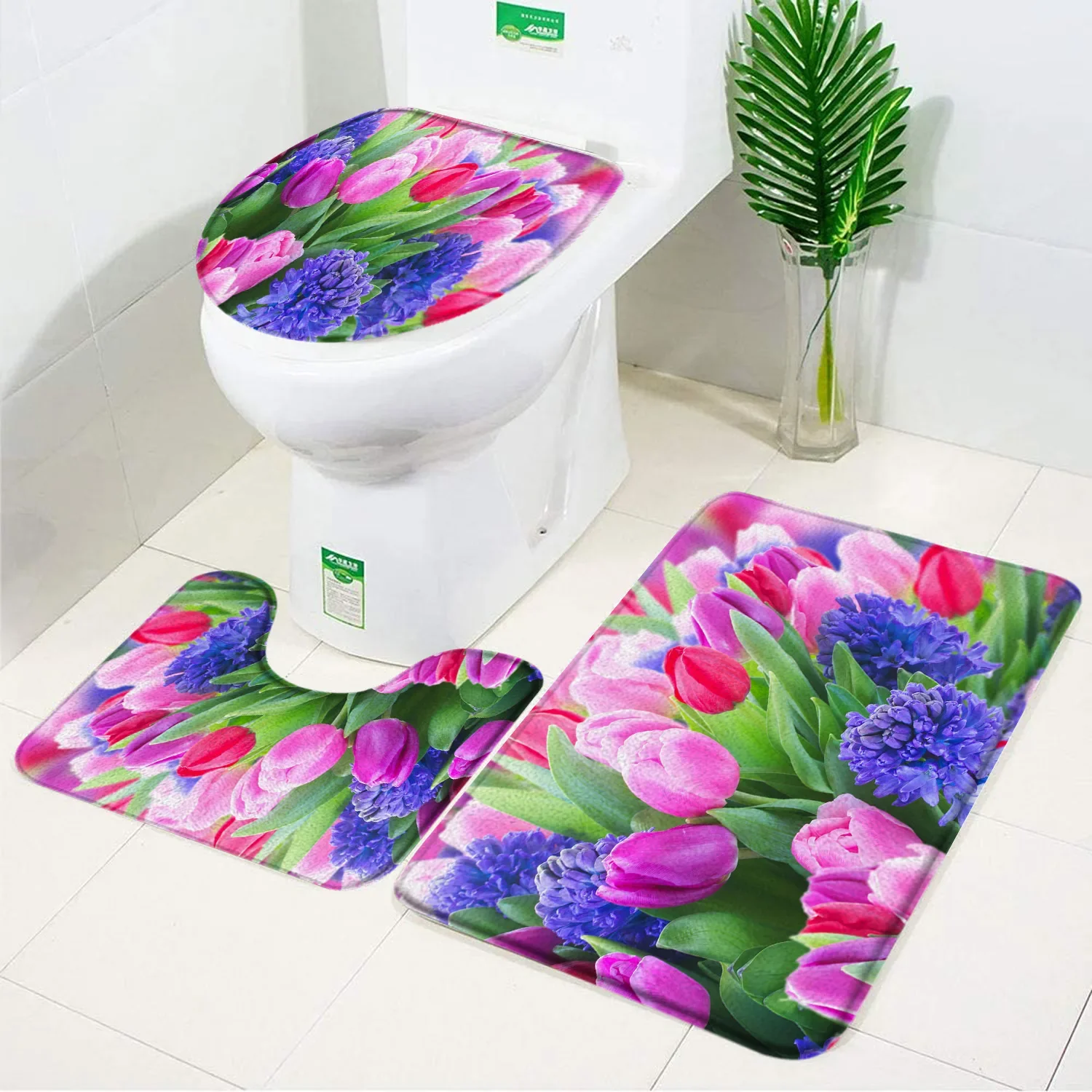 Flower Bath Mat Set Fresh Florals Fields and Gardens Plant Non-slip Toilet Lid Foot Rug Floor Mat Carpet Bathroom Accessory Set