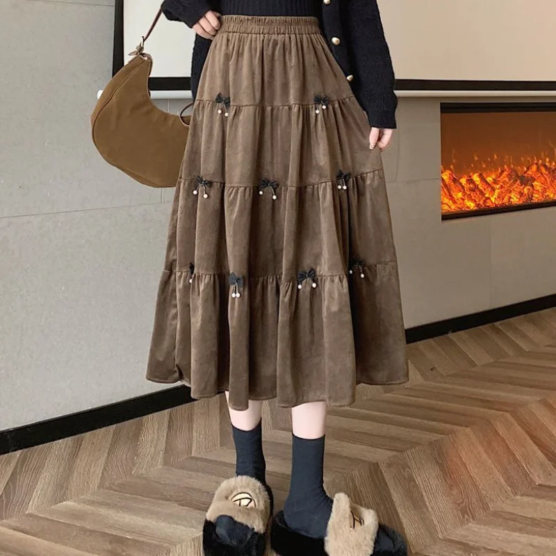 Mori Girl Sweet Cute Bow Velvet Black Brown Long Skirt for Women Autumn Winter Korean Fashion High Waist A-line Loose Cake Skirt