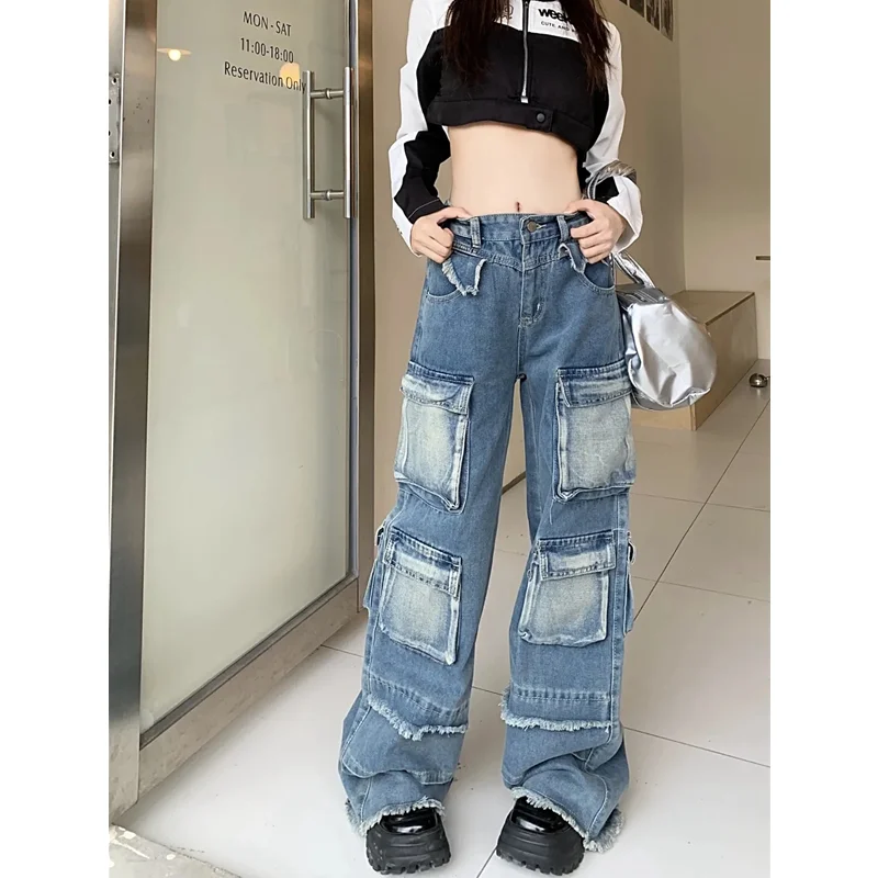 Blue Women Jeans High Waist Vintage Multiple Pockets Straight Y2K Baggy Denim Pants Street American Style Wide Leg Denim Trouser