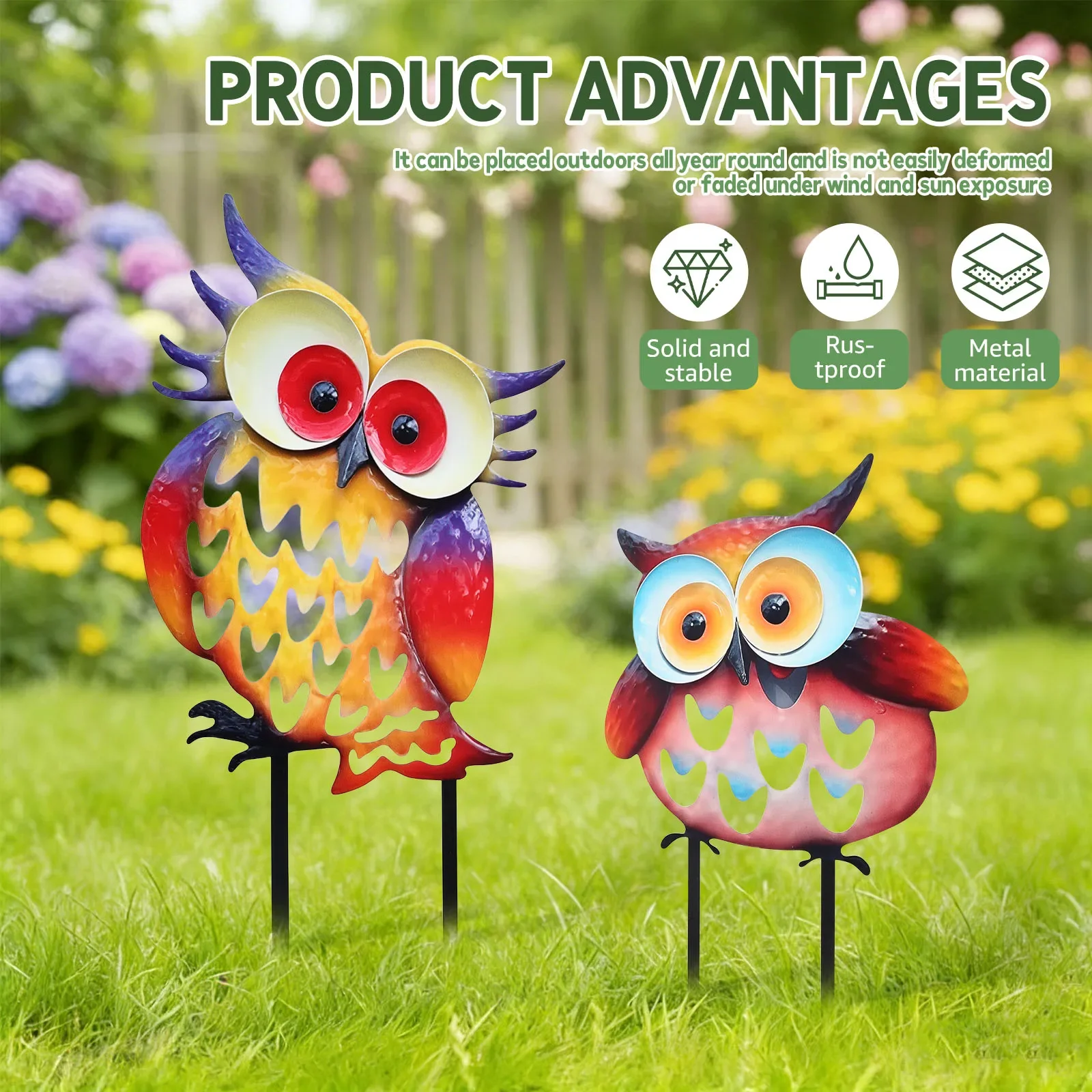 2Pcs Metal Owl Garden Statues Colorful Silhouette Owl Outdoor Stake Rustproof Animal Sculptures for Yard Lawn Garden Decoration