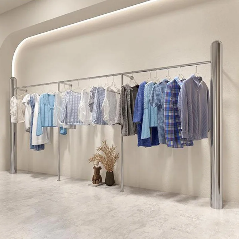 custom，Clothing store display shelf floor type children's clothing store stainless steel silver filled hanging rod women's store