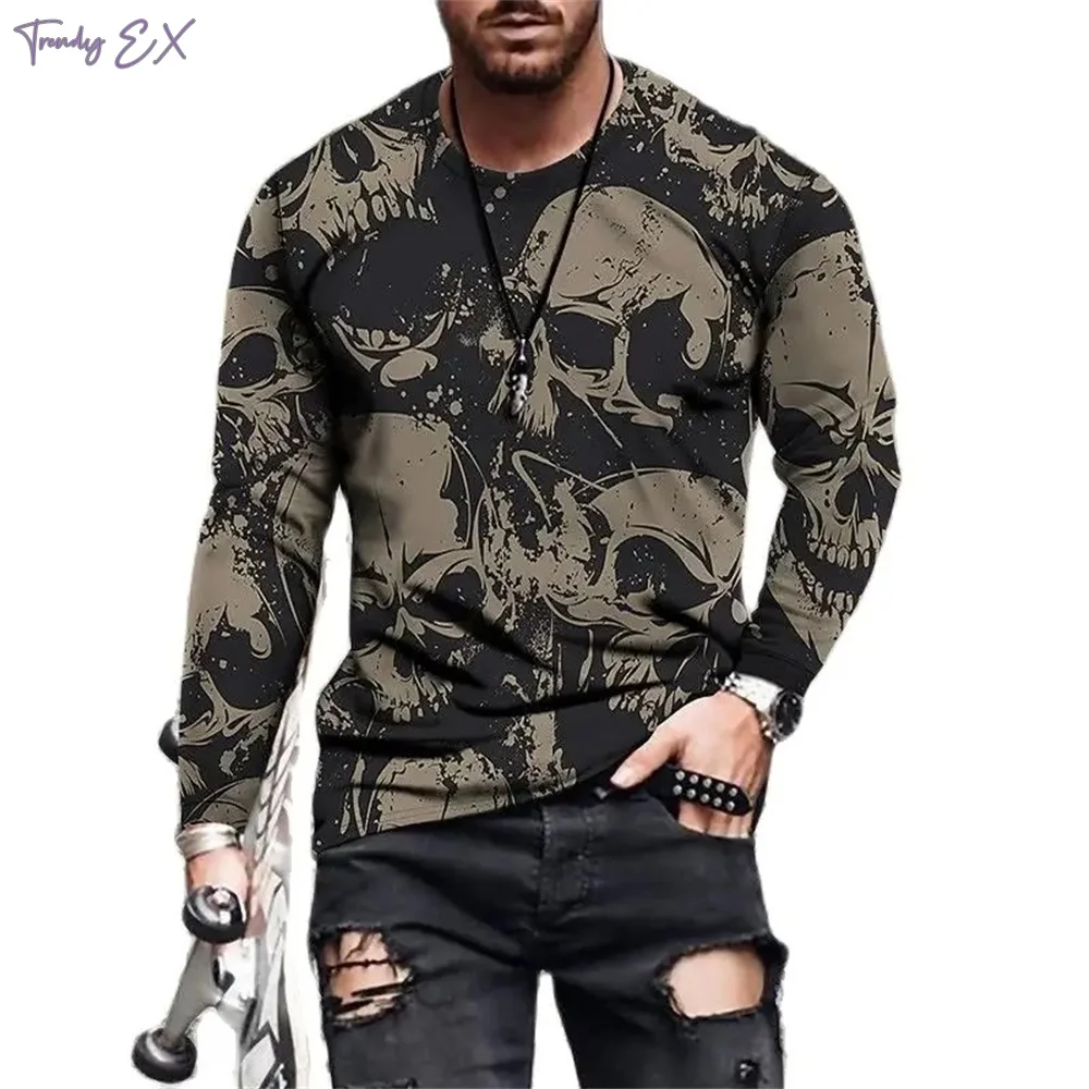 

Vintage 3D Skull Digital Print T Shirt Men Casual Streetwear Y2k Graphic T Shirts Tops Sport Running Long Sleeve Men's Clothing