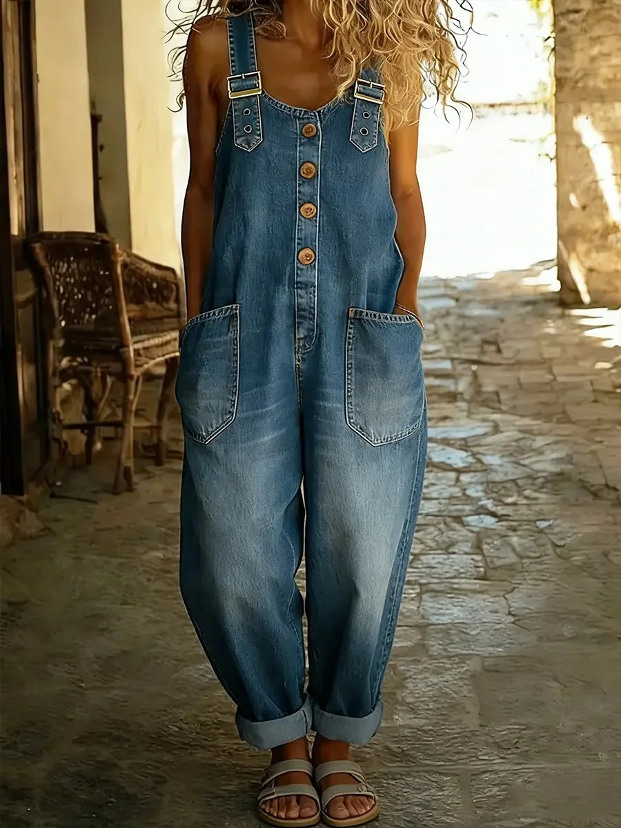 Vintage Fashion High Waist Denim Jumpsuits Women High Street Trend Pockets Button Design Versatile Jeans Loose Casual Overalls
