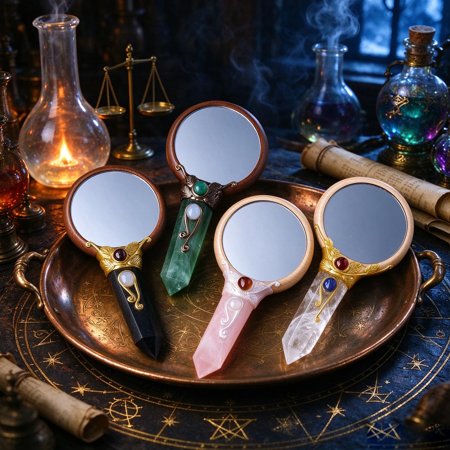 1PC Natural Crystal Bohemian Rose Quartz Point Witch Scrying Mirror,Crystal Gazing Mirror for Meditation Spiritual Practice, Wit