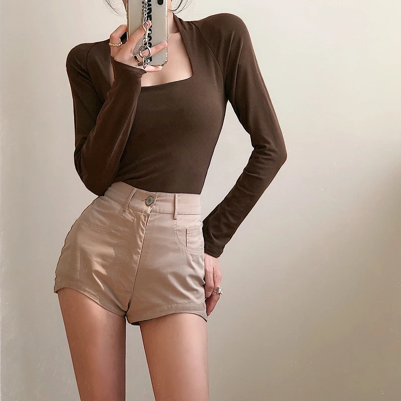 Square Collar Long Sleeve T-shirts Women Autumn Elegant Female Temperament French Style Fashion Basic Sexy Leisure All-match