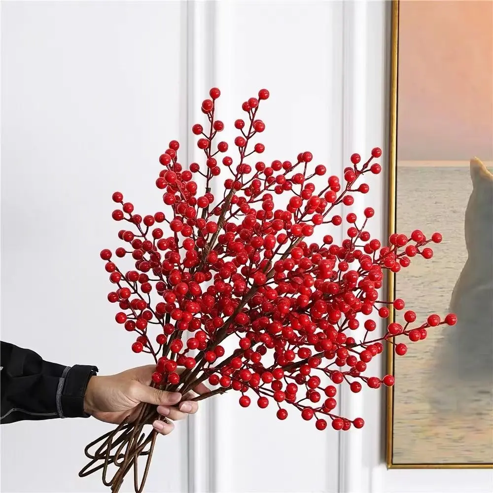 

Crafts DIY Red Berry Branche Snow Frosted Reusable Artificial Holly Berries Wreath Decor Realistic Fake Plant Gift Wrapping