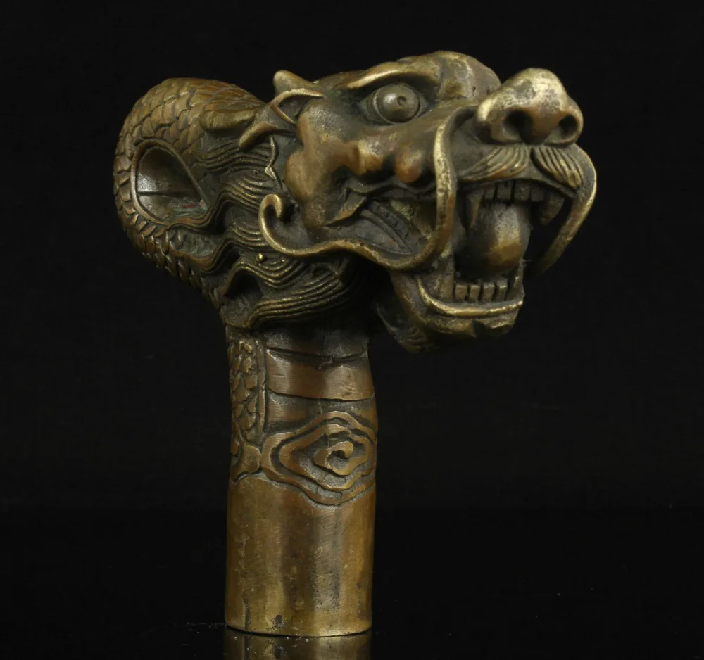 100% brass Pure Copper Brass old Grandpa Good Lucky Walking Stick Head China Old Handwork Carving  Dragon Statue Cane