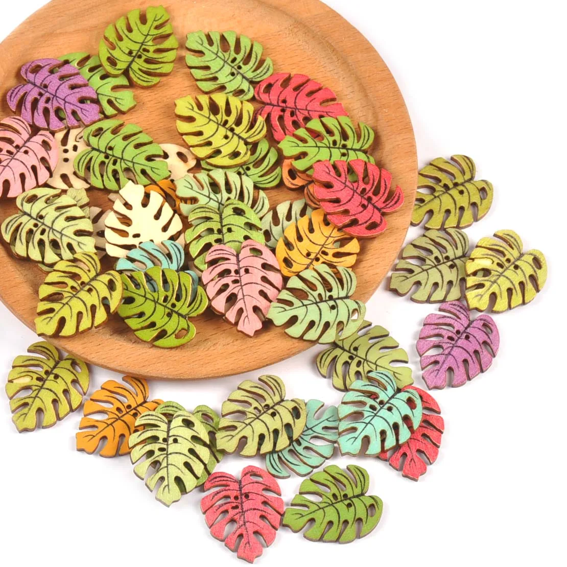 50Pcs Mixed Color Banana Leaf Flatback Wooden Buttons For Sewing Accessories Handmade Crafts DIY Scrapbook Clothes Home Decor